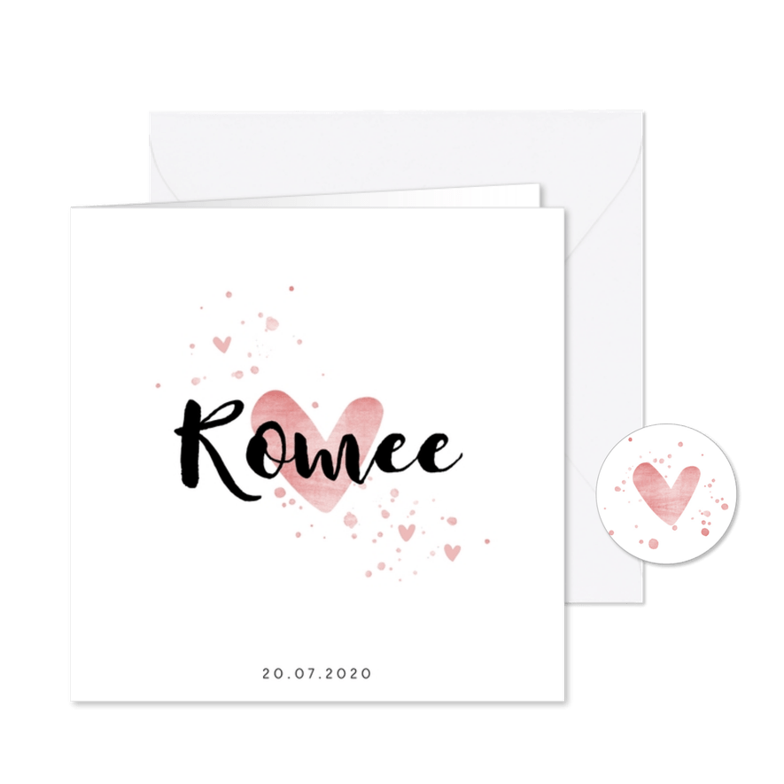 Geboortekaartje met roze spetters en hartjes - Kaartimpressie