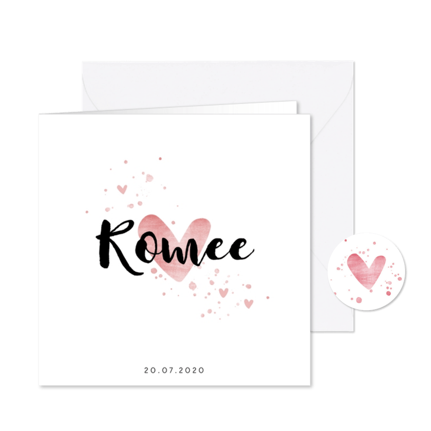 Geboortekaartje met roze spetters en hartjes - Kaartimpressie