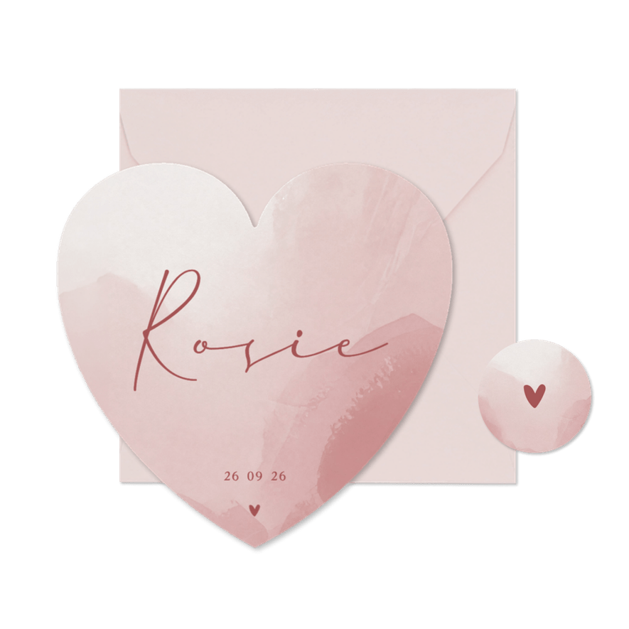 Geboortekaartje met roze waterverf en hartje in hartvorm - Kaartimpressie