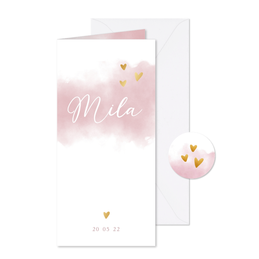 Geboortekaartje met roze waterverf en hartjes - Kaartimpressie