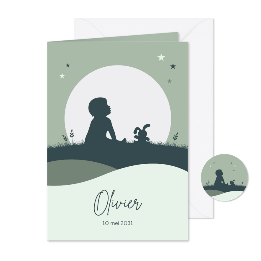 Geboortekaartje met silhouet jongen en knuffel - Kaartimpressie