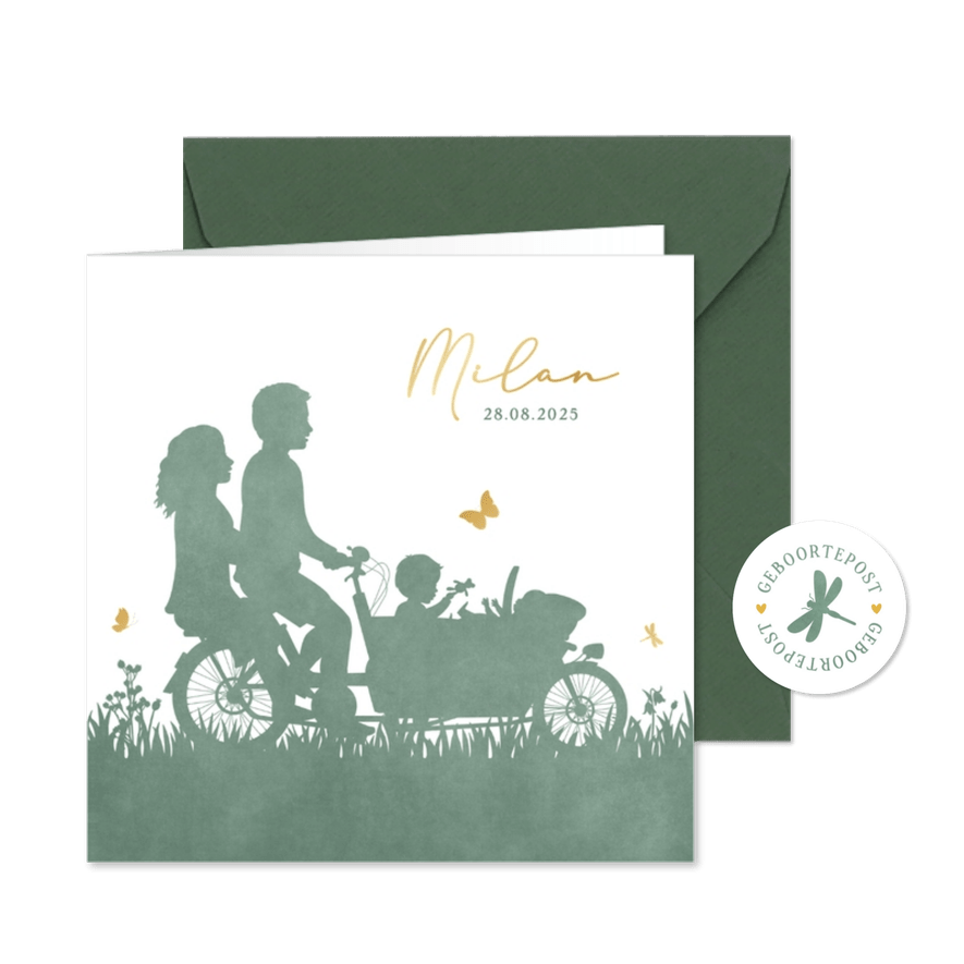 Geboortekaartje met silhouet van bakfiets met 2 broertjes - Kaartimpressie