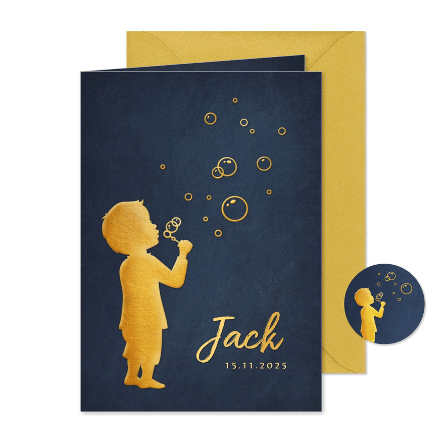 Geboortekaartje met silhouet van een jongen die bellenblaast - Kaartimpressie
