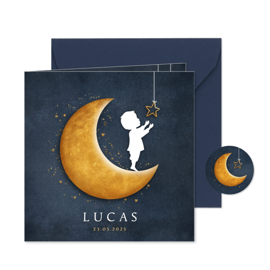 Geboortekaartje met silhouet van een jongen op gouden maan - Kaartimpressie