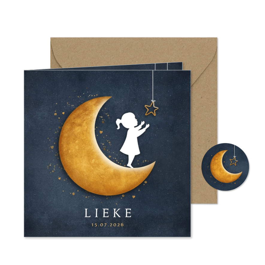 Geboortekaartje met silhouet van een meisje op gouden maan - Kaartimpressie