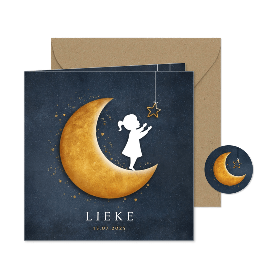 Geboortekaartje met silhouet van een meisje op gouden maan - Kaartimpressie