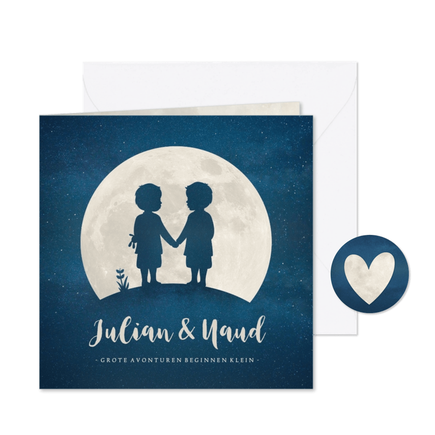 Geboortekaartje met silhouet van jongens tweeling in maan - Kaartimpressie