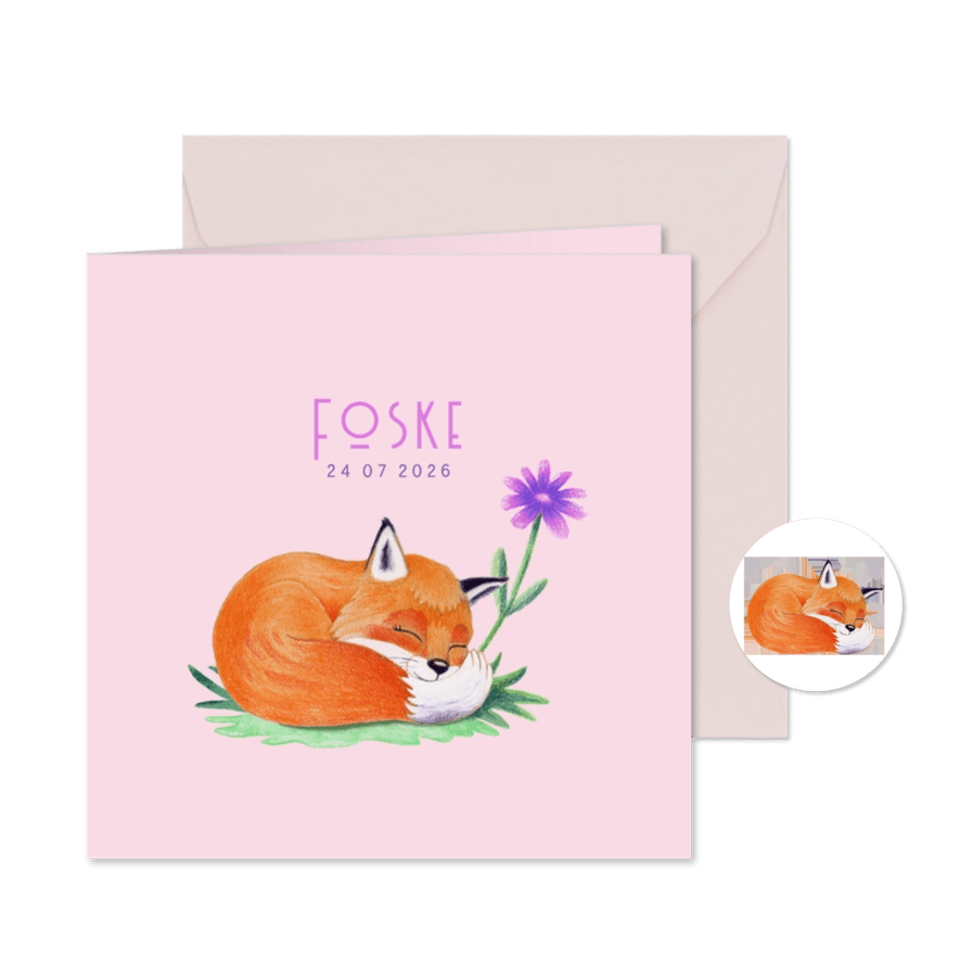 Geboortekaartje met slapend vosje voor een meisje - Kaartimpressie