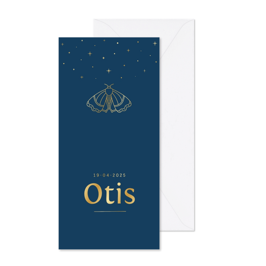Geboortekaartje met sterretjes en nachtvlinder blauw en goud - Kaartimpressie