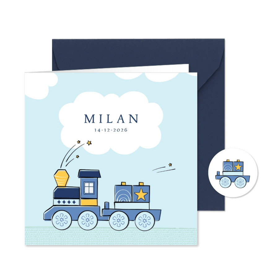 Geboortekaartje met stoere blauwe speelgoedtrein - Kaartimpressie