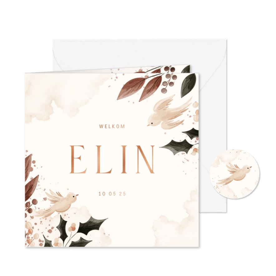 Geboortekaartje met takjes en duiven - Kaartimpressie