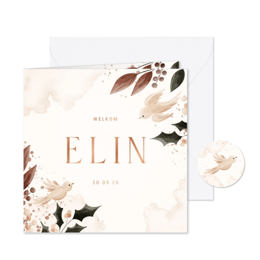 Geboortekaartje met takjes en duiven - Kaartimpressie