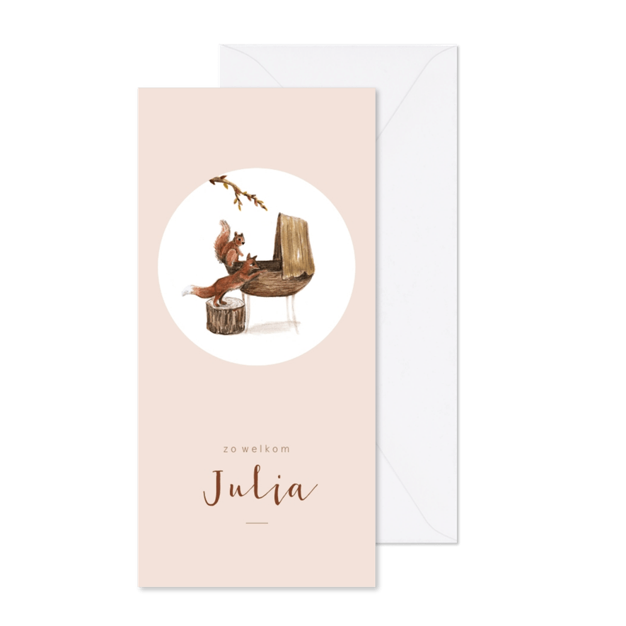 Geboortekaartje met tekening van een wiegje met bosdieren - Kaartimpressie