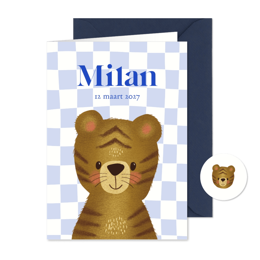Geboortekaartje met tijger en aanpasbaar blokjespatroon - Kaartimpressie