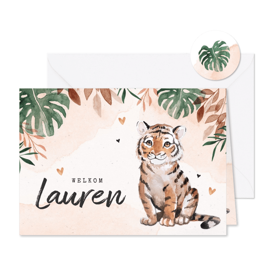 Geboortekaartje met tijger jungle waterverf meisje - Kaartimpressie