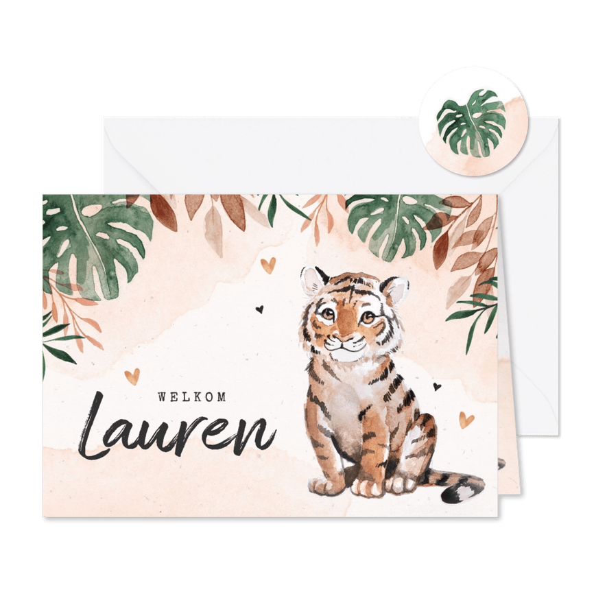 Geboortekaartje met tijger jungle waterverf meisje - Kaartimpressie