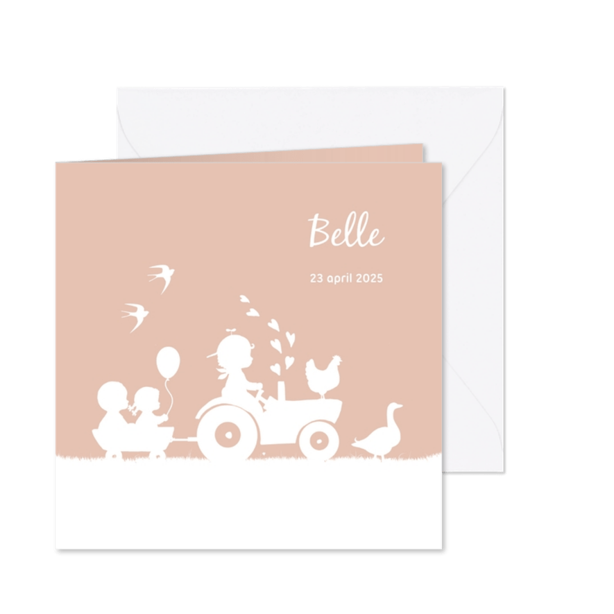 Geboortekaartje met trekker met twee broertjes en een zusje - Kaartimpressie