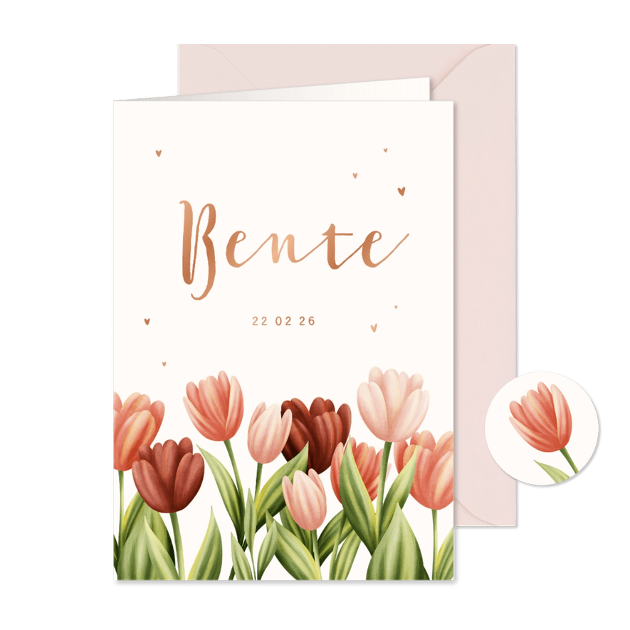 Geboortekaartje met tulpen en hartjes in koperfolie - Kaartimpressie