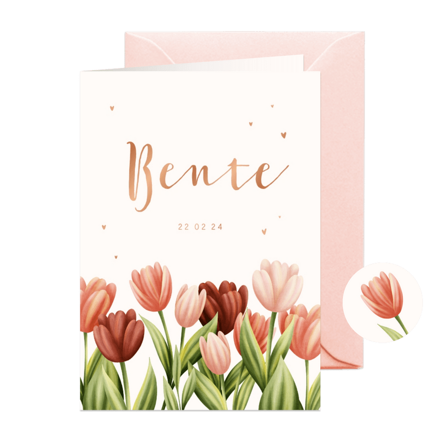 Geboortekaartje met tulpen en hartjes in koperfolie - Kaartimpressie