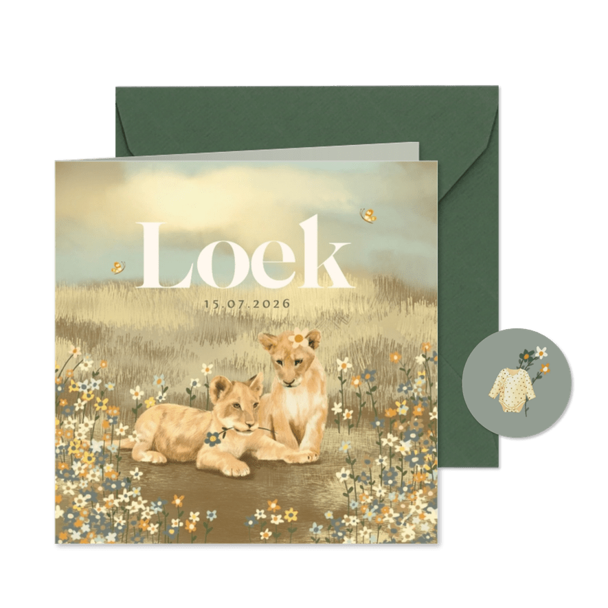 Geboortekaartje met twee leeuwtjes voor komst van broertje - Kaartimpressie