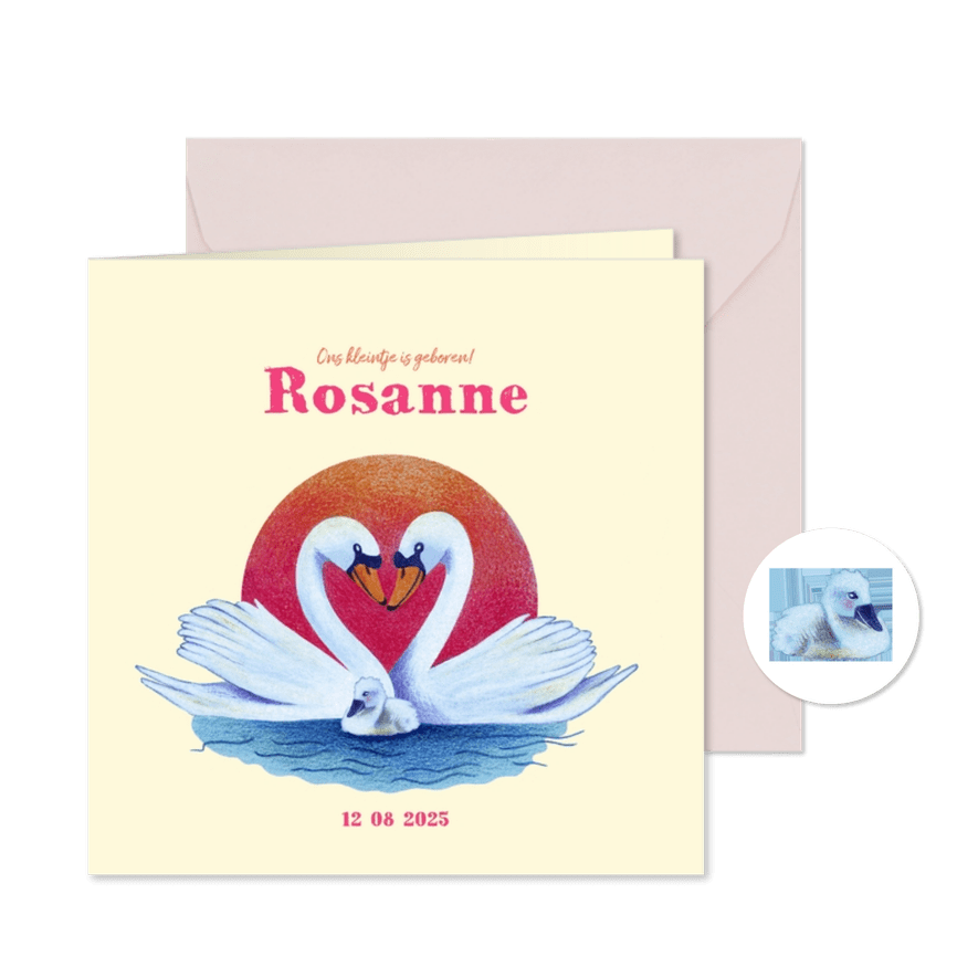 Geboortekaartje met verliefde zwanen voor een meisje - Kaartimpressie