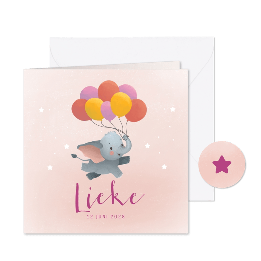 Geboortekaartje met vliegende olifant en ballonnen meisje - Kaartimpressie
