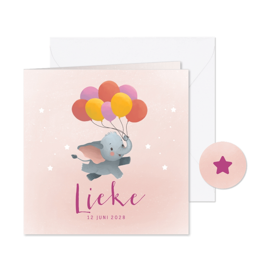 Geboortekaartje met vliegende olifant en ballonnen meisje - Kaartimpressie