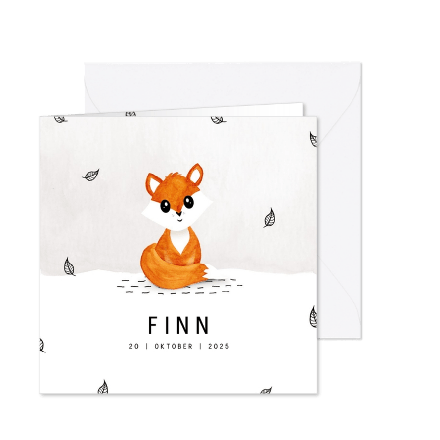 Geboortekaartje met vos van waterverf - Kaartimpressie