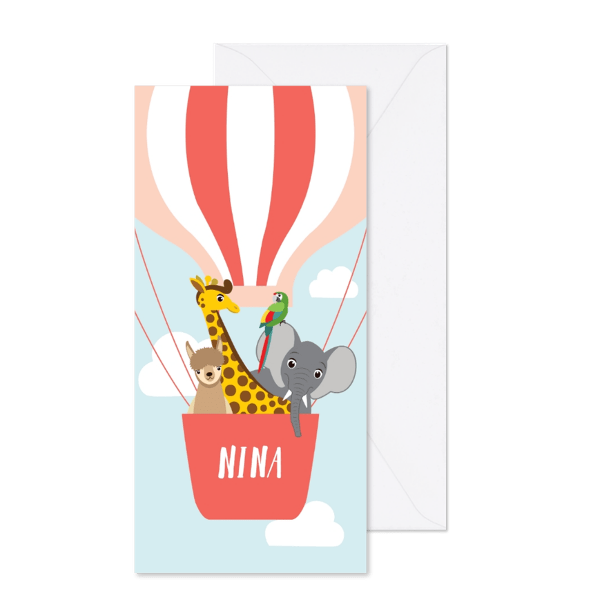 Geboortekaartje met vrolijke diertjes in roze luchtballon - Kaartimpressie