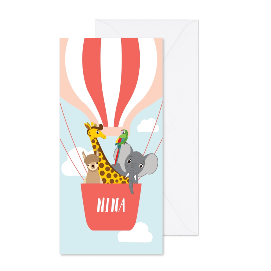 Geboortekaartje met vrolijke diertjes in roze luchtballon - Kaartimpressie