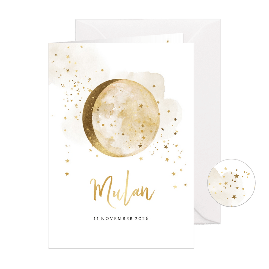 Geboortekaartje met watercolour, maan en sterretjes in goud - Kaartimpressie