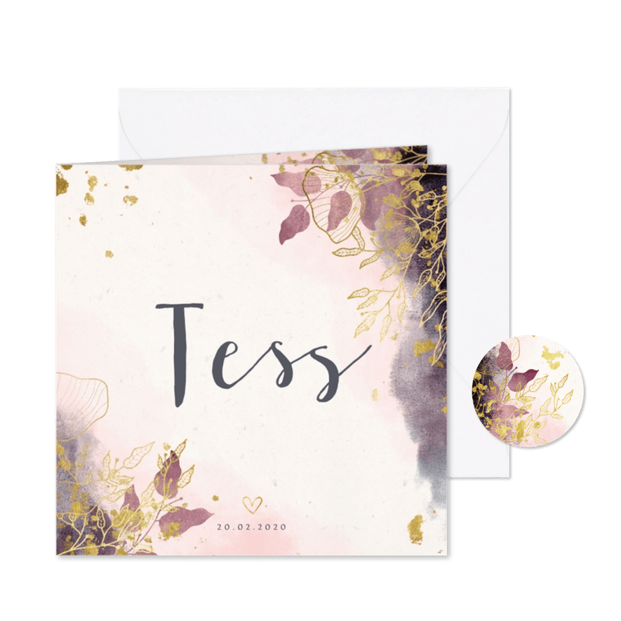 Geboortekaartje met waterverf en gouden bloemen stijlvol - Kaartimpressie