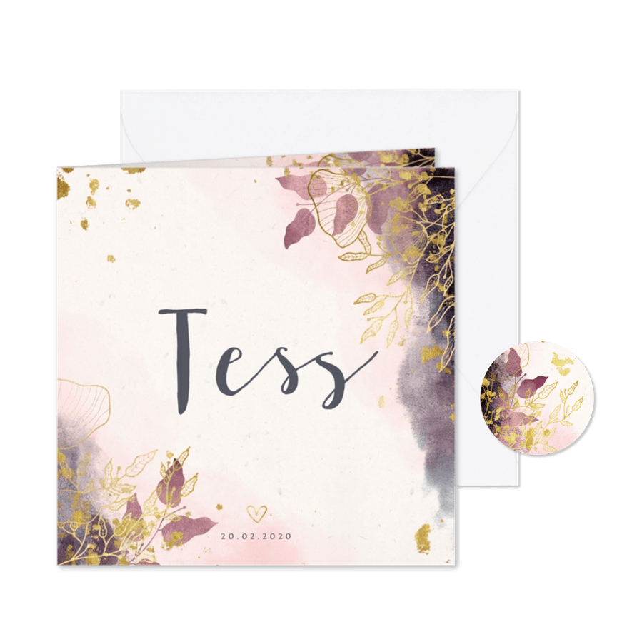 Geboortekaartje met waterverf en gouden bloemen stijlvol - Kaartimpressie