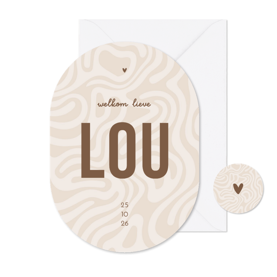 Geboortekaartje met wavy patroon beige ovaalvorm - Kaartimpressie