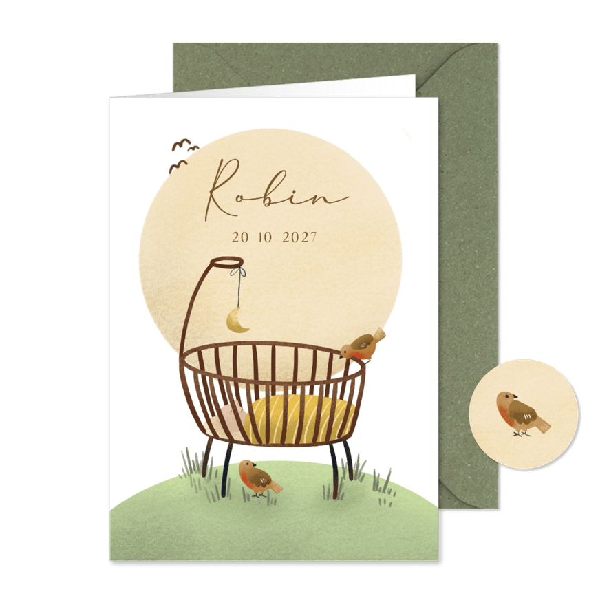 Geboortekaartje met wieg en zon en vogels - Kaartimpressie