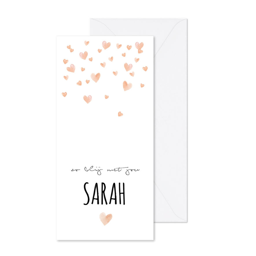 Geboortekaartje met zalmroze waterverf hartjes - Kaartimpressie