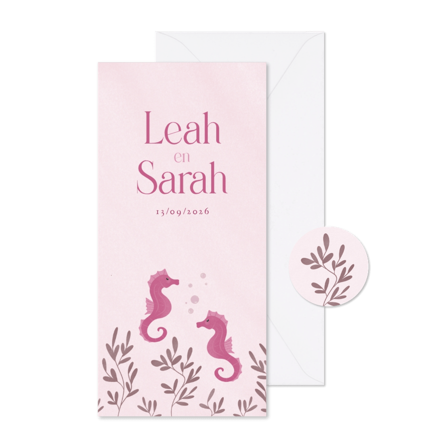 Geboortekaartje met zeepaardjes voor een tweeling roze - Kaartimpressie