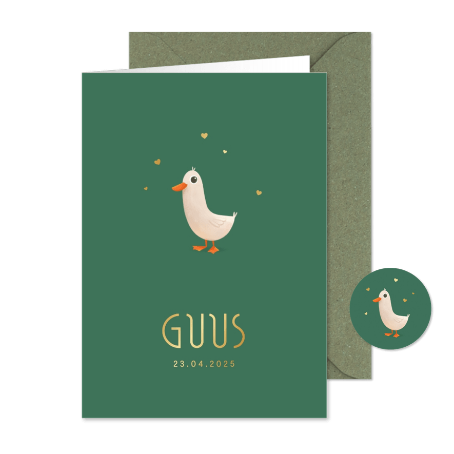 Geboortekaartje minimalistisch dieren gans hartjes goud - Kaartimpressie
