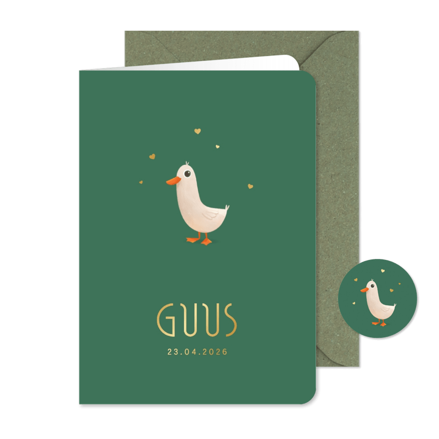 Geboortekaartje minimalistisch dieren gans hartjes goud - Kaartimpressie