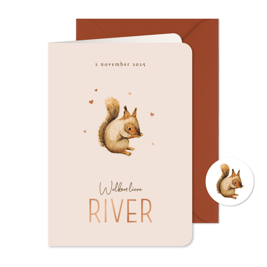 Geboortekaartje minimalistisch eekhoorn herfst hartjes koper - Kaartimpressie