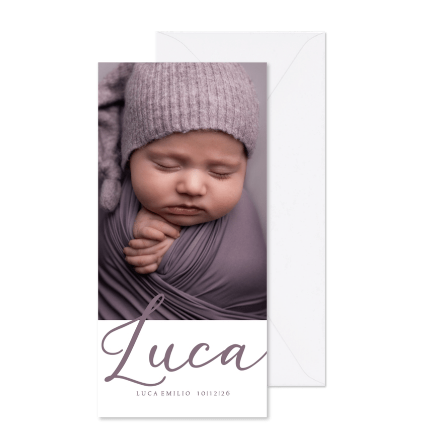 Geboortekaartje minimalistisch met grote foto en naam - Kaartimpressie