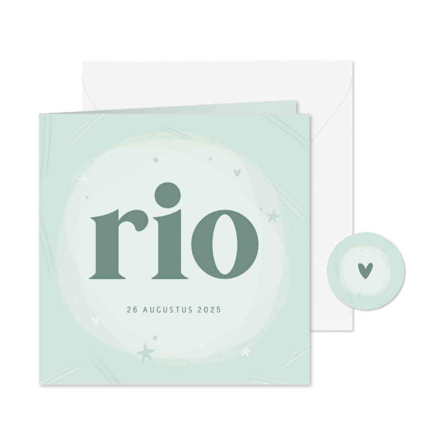 Geboortekaartje mintgroen cirkel waterverf sterretjes hartje - Kaartimpressie