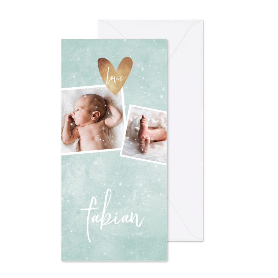 Geboortekaartje mintgroen met 4 foto's winterlook - Kaartimpressie