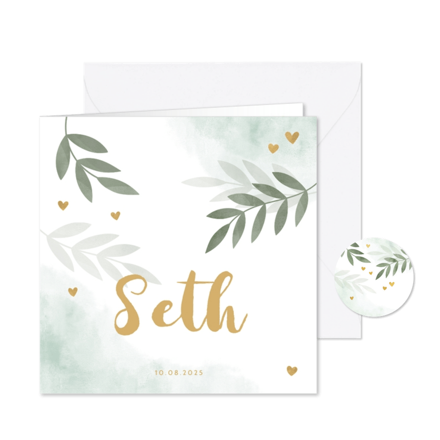 Geboortekaartje mintgroen waterverf takjes gouden hartjes - Kaartimpressie