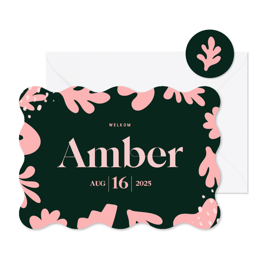 Geboortekaartje modern met golvende rand groen met roze - Kaartimpressie