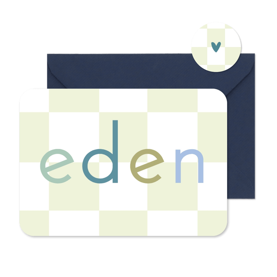 Geboortekaartje naam in gekleurde letters en groene blokjes  - Kaartimpressie