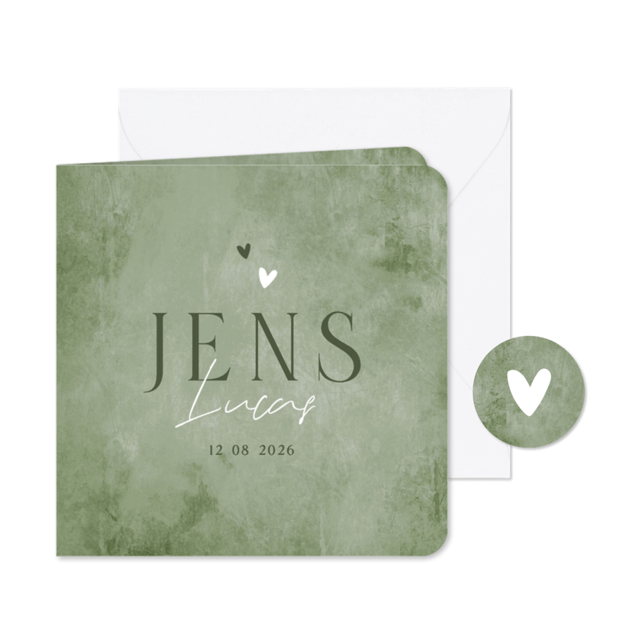 Geboortekaartje natuurlijk stijlvol jongen groen hartjes - Kaartimpressie