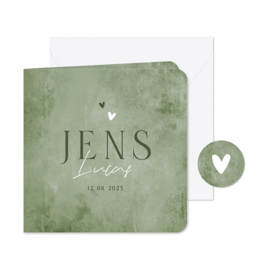 Geboortekaartje natuurlijk stijlvol jongen groen hartjes - Kaartimpressie