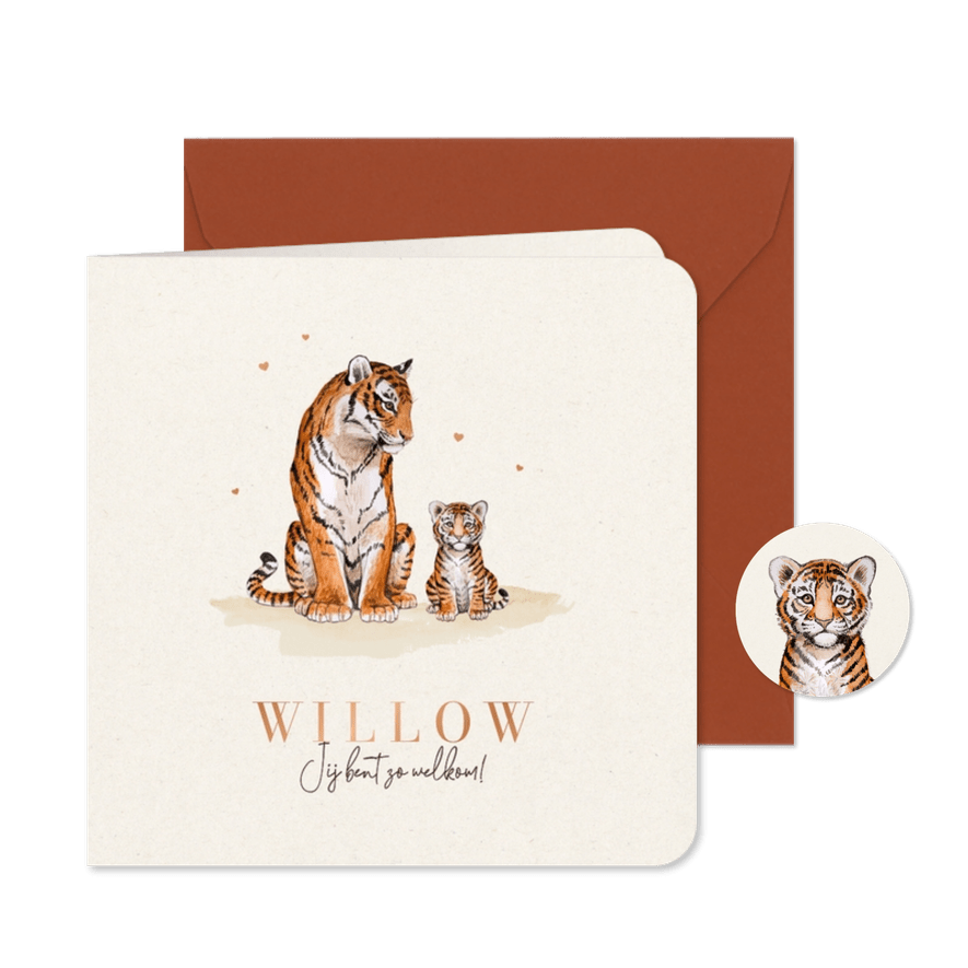 Geboortekaartje neutraal tijgers schattig hartjes koper - Kaartimpressie