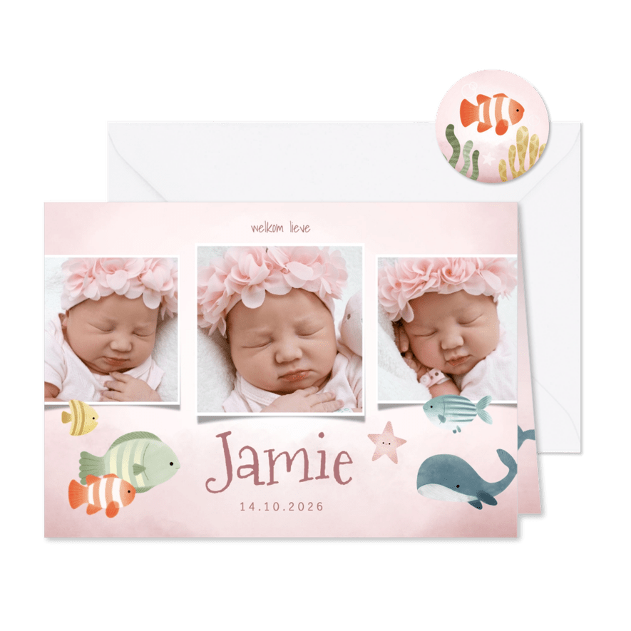Geboortekaartje oceaan fotocollage meisje, vissen en walvis - Kaartimpressie